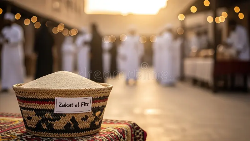 basket-filled-rice-zakat-al-fitr-placed-colorful-woven-mat-blurred-figures-traditional-attire-celebrating-424235918